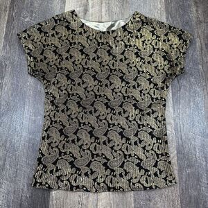 Vintage Trimmings Pleated Brocade‎ Blouse Top Gold Metallic Sheer Womens M USA